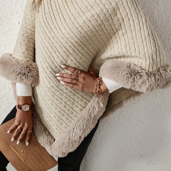 Apricot Casual Women's Turtleneck Fuzzy Trim Batwing Sleeve Poncho Sweater - Picture 4 of 7